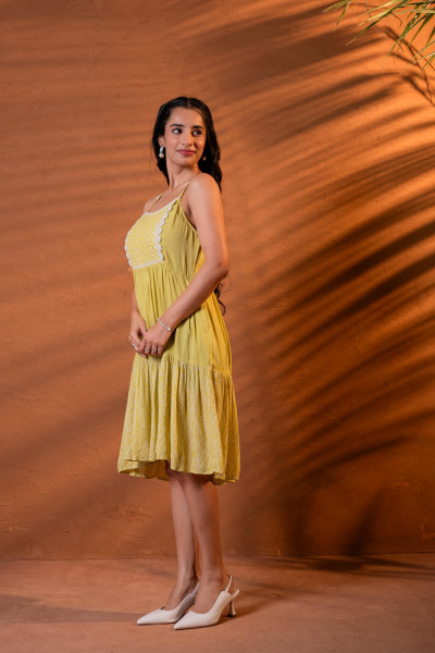 Elegant Lime & White Lace Panel Fit & Flare Dress