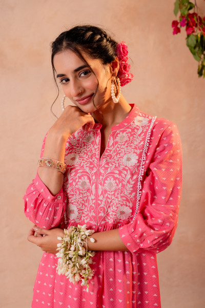 Pink & White Embroidered Panel Kurta