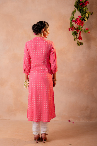 Pink & White Embroidered Panel Kurta