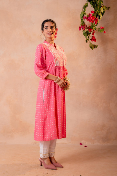 Pink & White Embroidered Panel Kurta