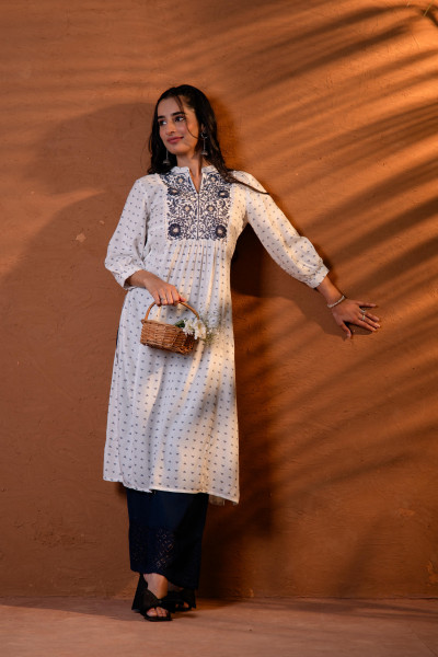 White &amp; Black Embroidered Panel Kurta
