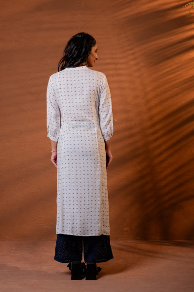 White & Black Embroidered Panel Kurta