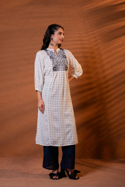 White & Black Embroidered Panel Kurta
