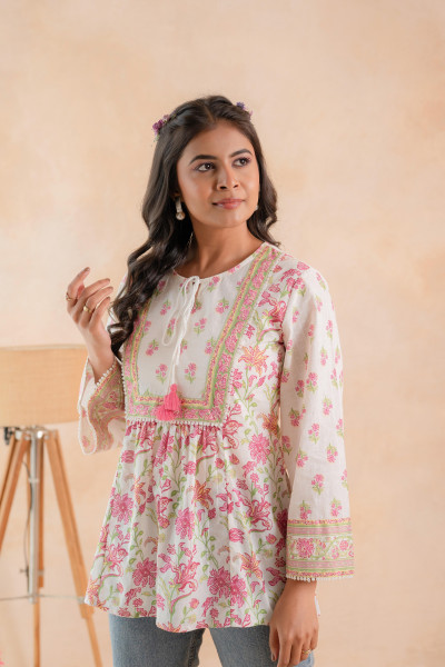 Off-White & Pink Floral Printed Gathered Ethnic Tunic with Lace Yoke