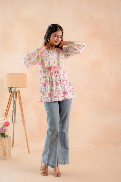 Off-White & Pink Floral Printed Gathered Ethnic Tunic with Lace Yoke