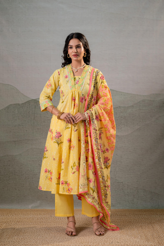 Bloom Veil Floral Anarkali Kurta Pant And Dupatta Set