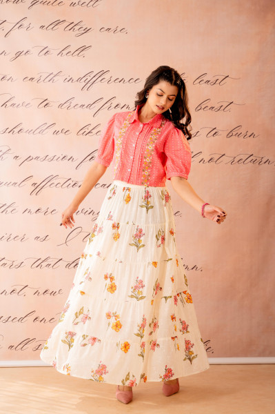 Peach Bloom Tiered Top With Skirt Set