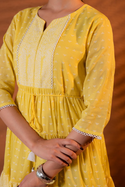 Lime Printed Tiered Dress with Tassel Detail