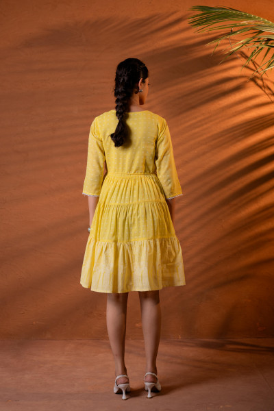 Lime Printed Tiered Dress with Tassel Detail