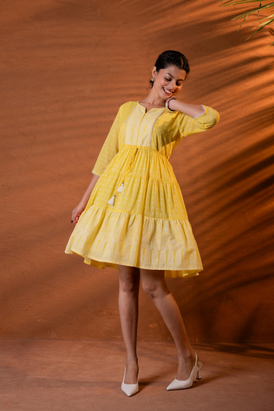 Lime Printed Tiered Dress with Tassel Detail