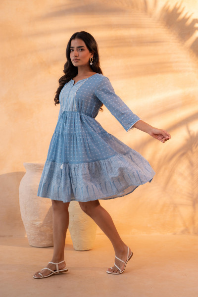 Sky Blue Printed Tiered Dress with Tassel Detail