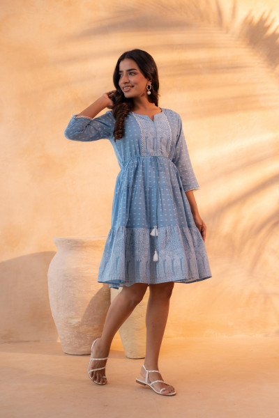 Sky Blue Printed Tiered Dress with Tassel Detail