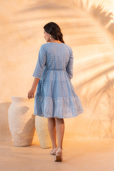 Sky Blue Printed Tiered Dress with Tassel Detail