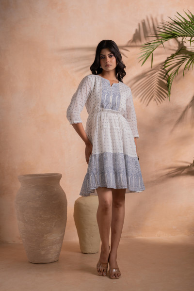 White Printed Tiered Dress with Tassel Detail