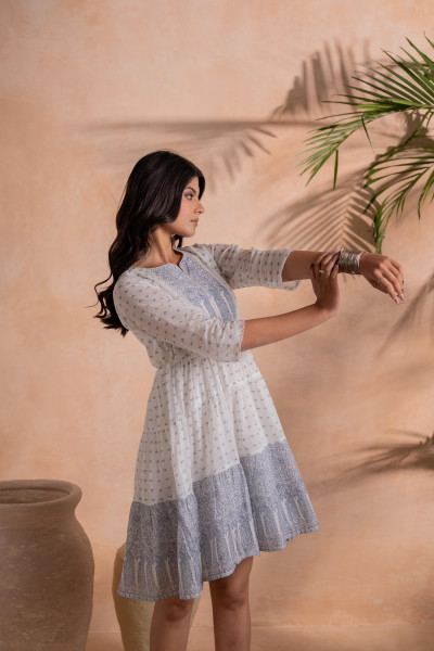 White Printed Tiered Dress with Tassel Detail