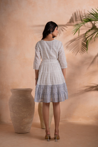 White Printed Tiered Dress with Tassel Detail