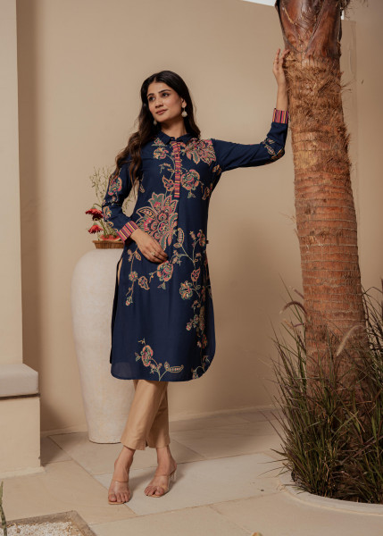 Midnight Blue Floral Printed Viscose Kurta with Button Detailing