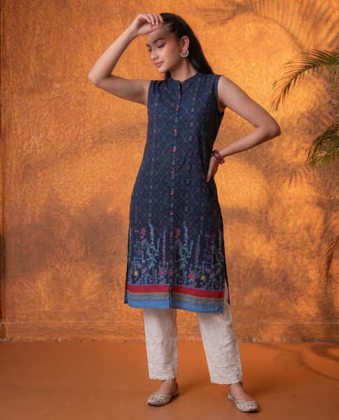 Indigo Floral Buti Printed Viscose Kurta