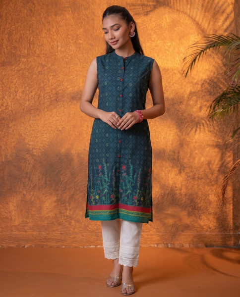 Jade Green Floral Buti Printed Viscose Kurta