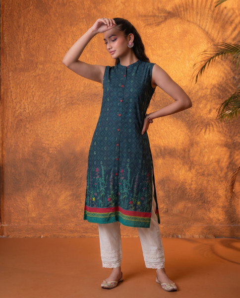 Jade Green Floral Buti Printed Viscose Kurta