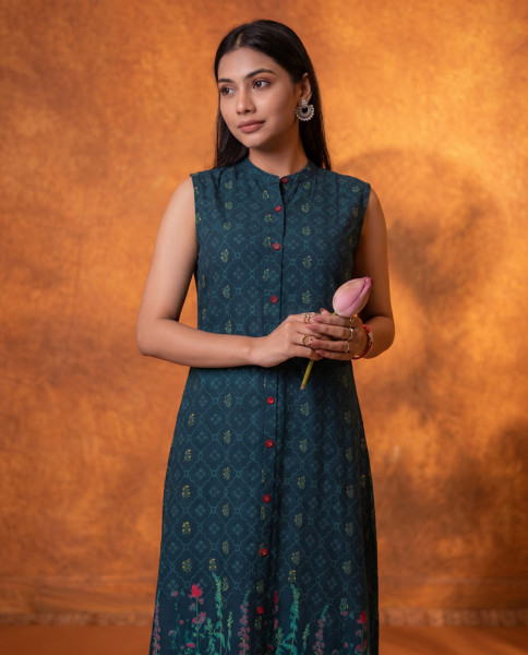 Jade Green Floral Buti Printed Viscose Kurta
