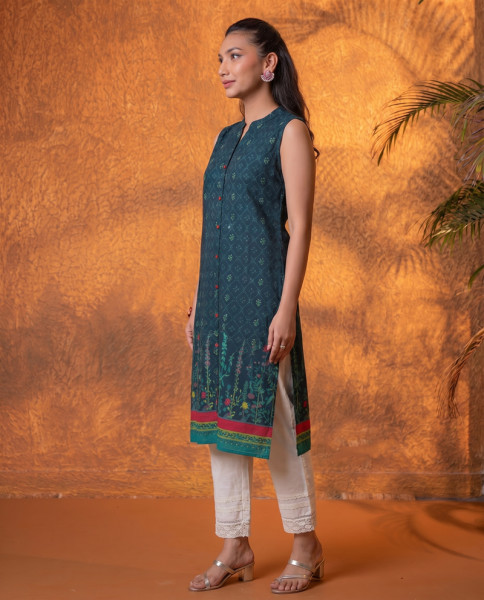 Jade Green Floral Buti Printed Viscose Kurta