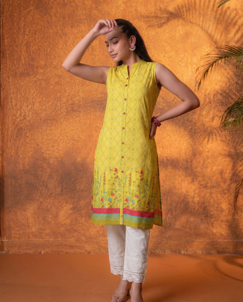 Mustard Floral Buta Printed Viscose Kurta