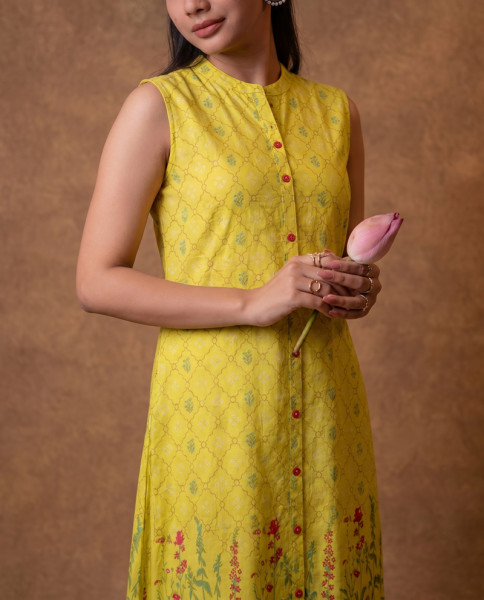 Mustard Floral Buta Printed Viscose Kurta