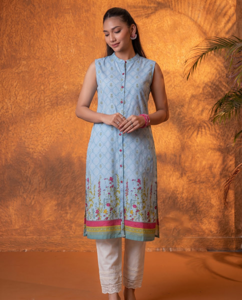 Sky Blue Floral Buti Printed Viscose Kurta