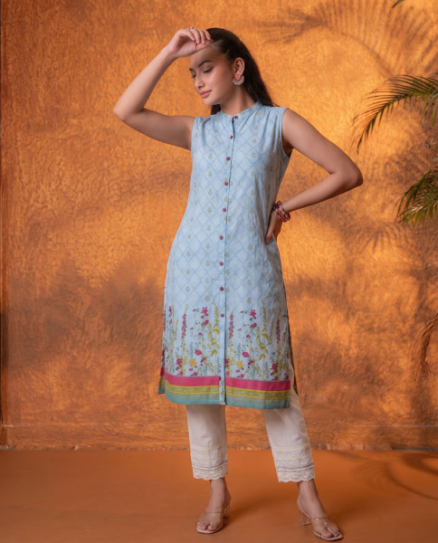Sky Blue Floral Buti Printed Viscose Kurta