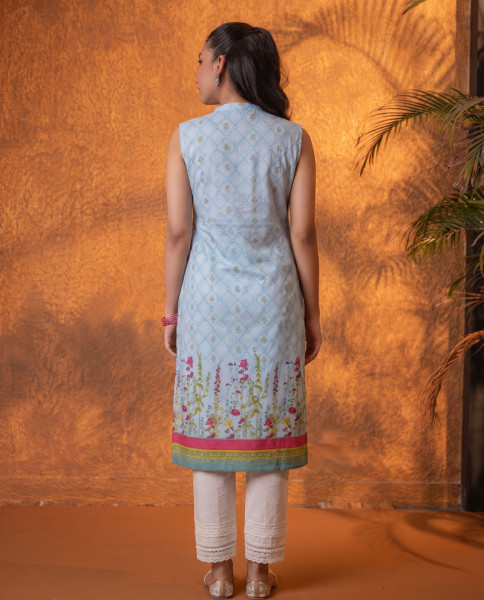 Sky Blue Floral Buti Printed Viscose Kurta