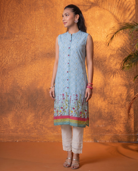 Sky Blue Floral Buti Printed Viscose Kurta