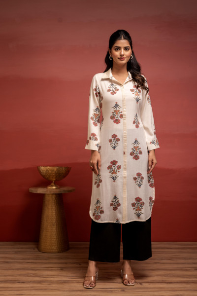 White Floral Printed Viscose Kurta with Button Detailing