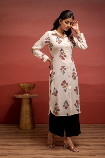 White Floral Printed Viscose Kurta with Button Detailing