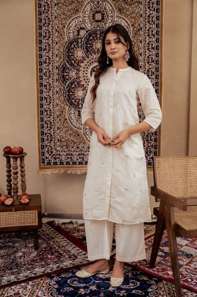Off White Solid Viscose A-Line Kurta with Embroidery, Beads & Button Detailing