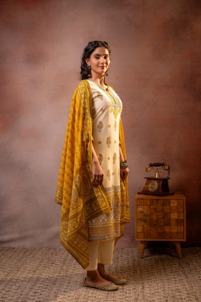 Cream Ethnic Printed Straight Kurta Set with Mustard Dupatta