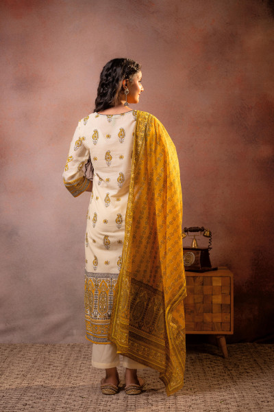 Cream Ethnic Printed Straight Kurta Set with Mustard Dupatta