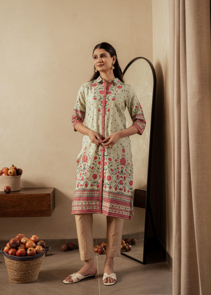 Sage Green Floral Printed Viscose Kurta with Button Detailing
