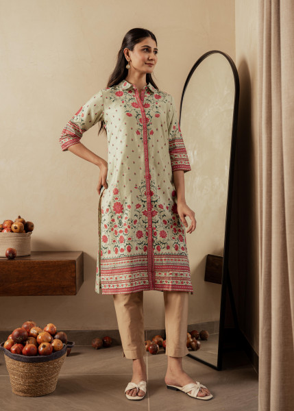 Sage Green Floral Printed Viscose Kurta with Button Detailing