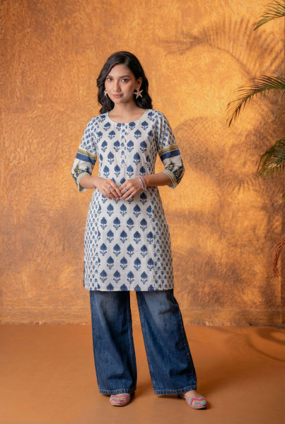 Navy Baag Handblock Straight Kurta