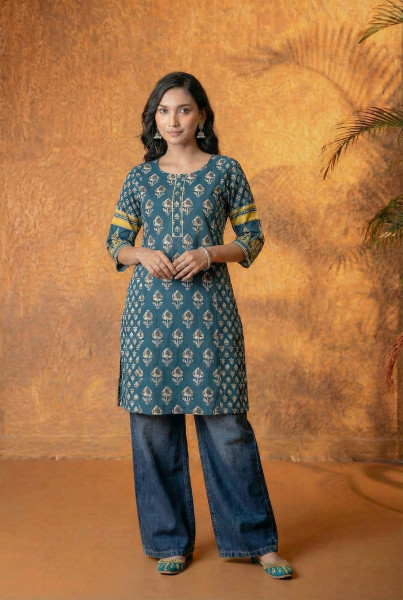 Teal  Baag Handblock Straight Kurta