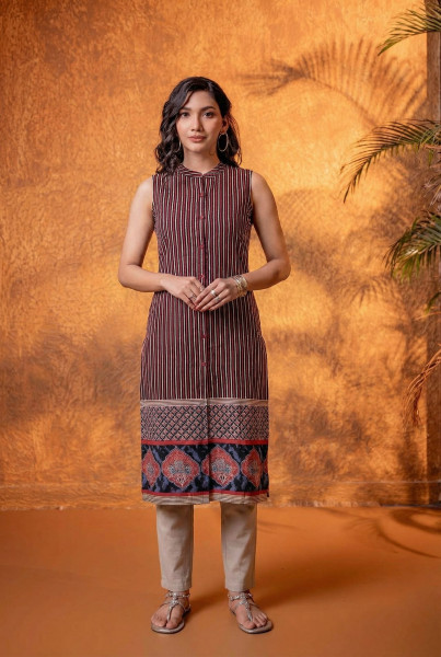 Maroon Heritage Stripe Sleeveless Kurta