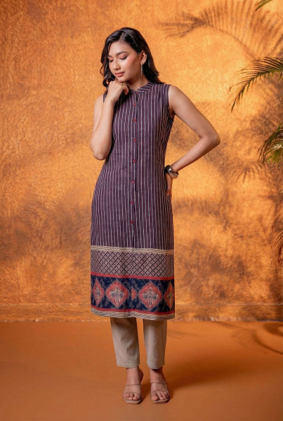 Teal Heritage Stripe Sleeveless Kurta