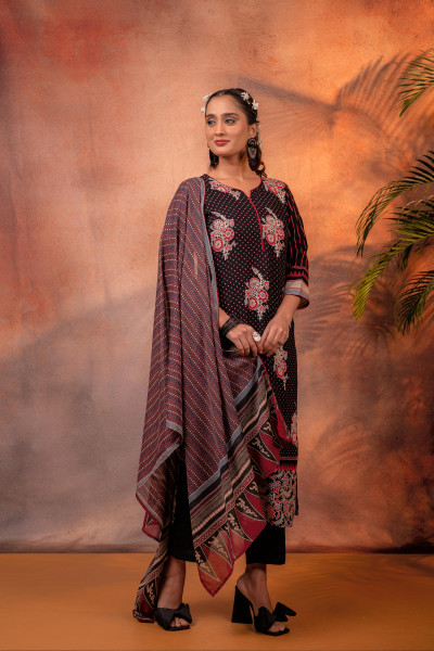 Black Floral Printed Straight Kurta Set with Striped Dupatta