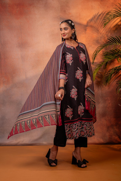 Black Floral Printed Straight Kurta Set with Striped Dupatta