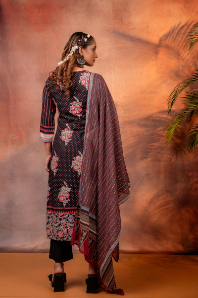 Black Floral Printed Straight Kurta Set with Striped Dupatta