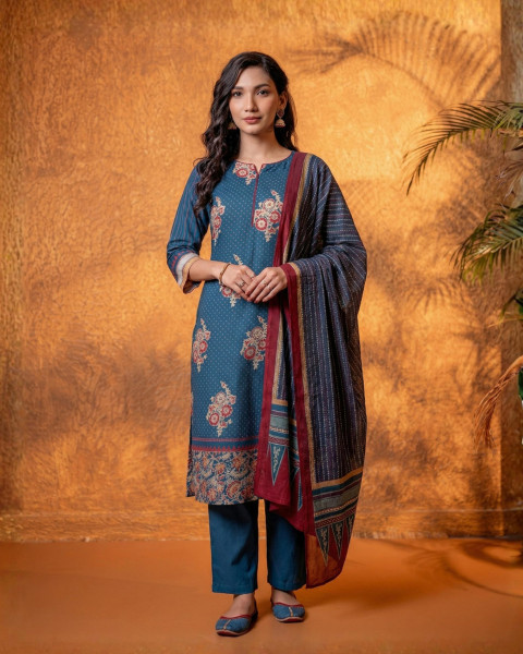 Teal Floral Printed Straight Kurta Set with Striped Dupatta