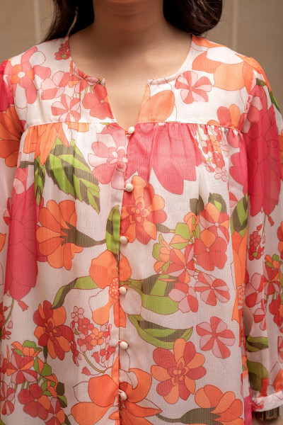 Man Made Fiber Floral Printed Tunic With Button Details