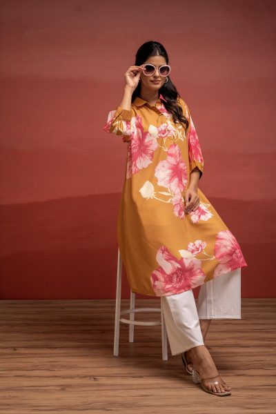 Mustard Floral Printed A-Line Kurta with Button Detailing