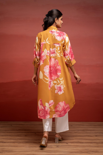Mustard Floral Printed A-Line Kurta with Button Detailing